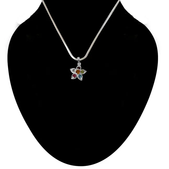 Beautiful Star Shaped Precious Gemstones set in 925 Sterling Silver Pendant with 18 IN Chain (SDP501)