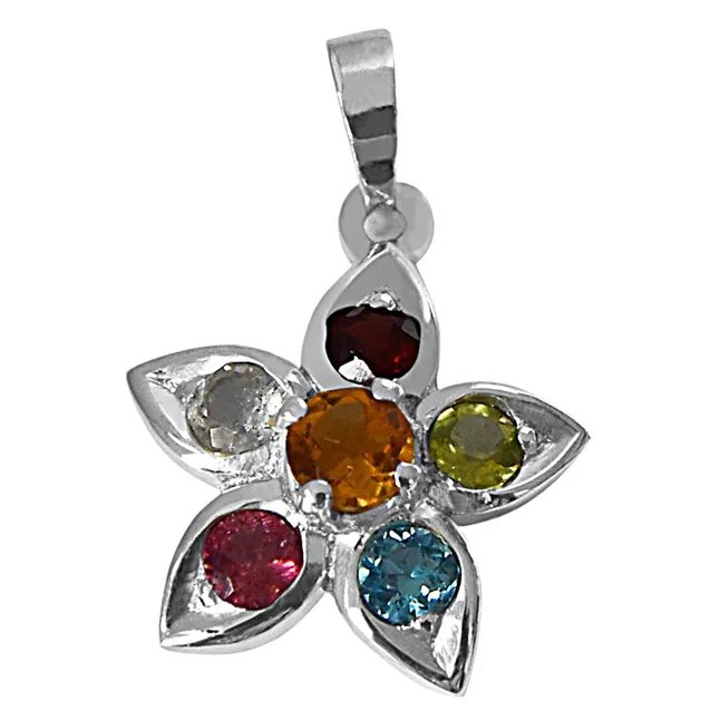 Beautiful Star Shaped Precious Gemstones set in 925 Sterling Silver Pendant with 18 IN Chain (SDP501)