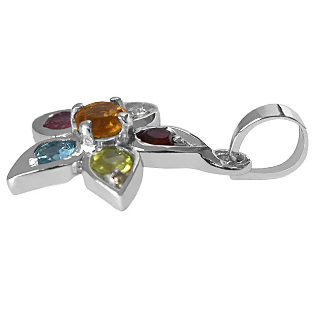 Beautiful Star Shaped Precious Gemstones set in 925 Sterling Silver Pendant with 18 IN Chain (SDP501)