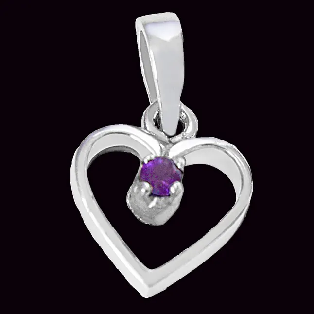 Heart Shaped Purple Round Amethyst in 925 Sterling Silver Pendant with 18 IN Chain (SDP502)