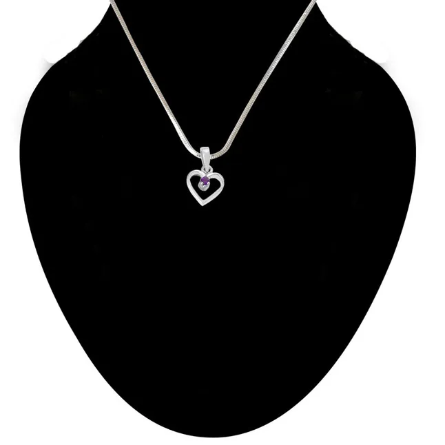 Heart Shaped Purple Round Amethyst in 925 Sterling Silver Pendant with 18 IN Chain (SDP502)