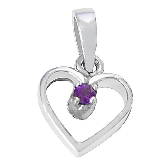 Heart Shaped Purple Round Amethyst in 925 Sterling Silver Pendant with 18 IN Chain (SDP502)