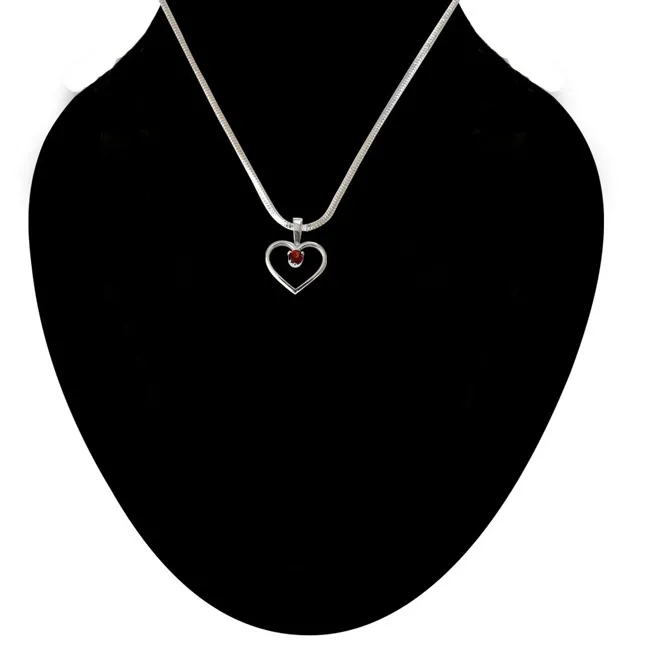 Heart Shaped Red Round Garnet in 925 Sterling Silver Pendant with 18 IN Chain (SDP503)