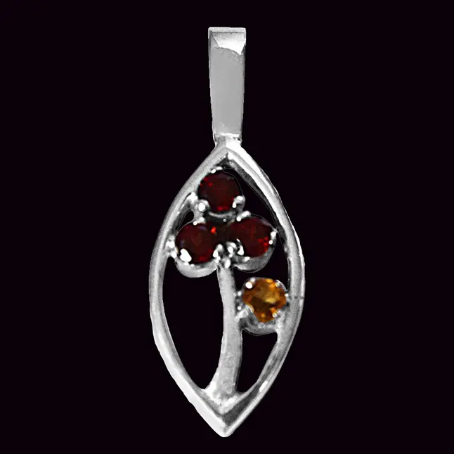 Red Round Garnet & Yellow Tourmaline in 925 Sterling Silver Marquise  Pendant with 18 IN Chain (SDP504)