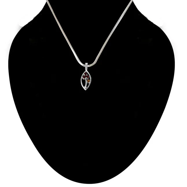 Red Round Garnet & Yellow Tourmaline in 925 Sterling Silver Marquise  Pendant with 18 IN Chain (SDP504)