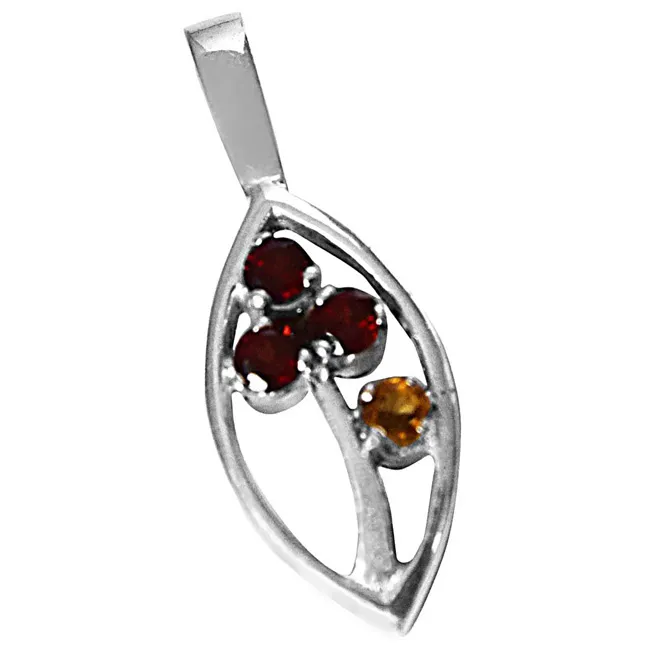 Red Round Garnet & Yellow Tourmaline in 925 Sterling Silver Marquise  Pendant with 18 IN Chain (SDP504)