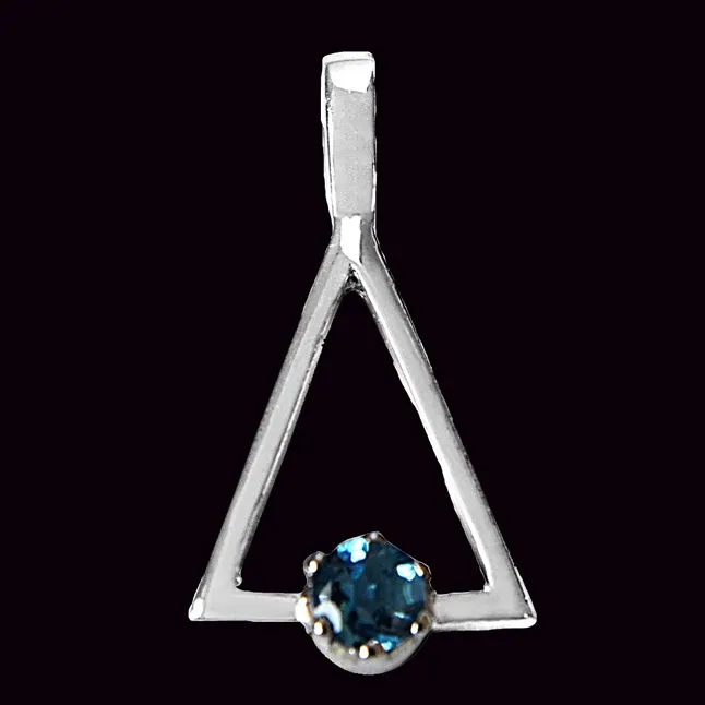 Round Blue Topaz in 925 Sterling Silver Triangle Pendant with 18 IN Chain (SDP505)