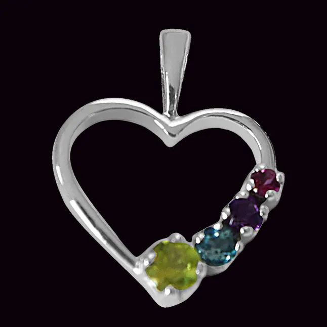 Peridot, Topaz, Amethyst & Rhodolite in Heart Shaped 925 Sterling Silver Pendant with 18 IN Chain (SDP508)