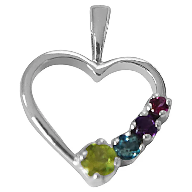 Peridot, Topaz, Amethyst & Rhodolite in Heart Shaped 925 Sterling Silver Pendant with 18 IN Chain (SDP508)