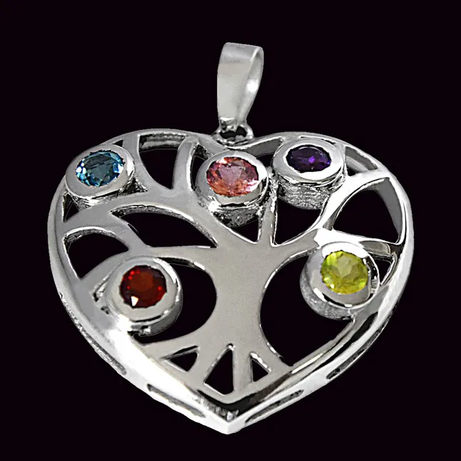 Precious Gemstones in 925 Sterling Silver Heart Pendant with 18 IN Chain (SDP509)