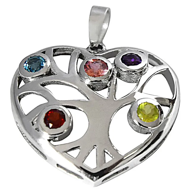 Precious Gemstones in 925 Sterling Silver Heart Pendant with 18 IN Chain (SDP509)