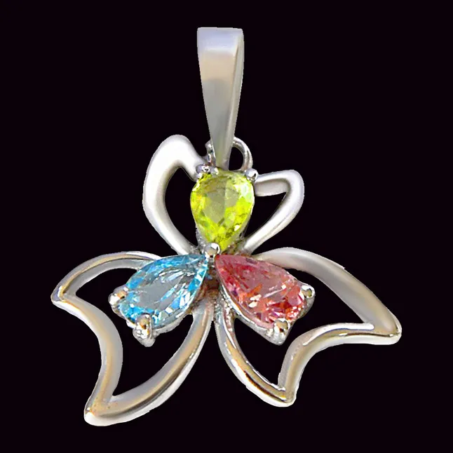 Pear Shaped Blue Topaz, Green Peridot & Pink Tourmaline in 925 Sterling Silver Flower Pendant with 18 IN Chain (SDP510)