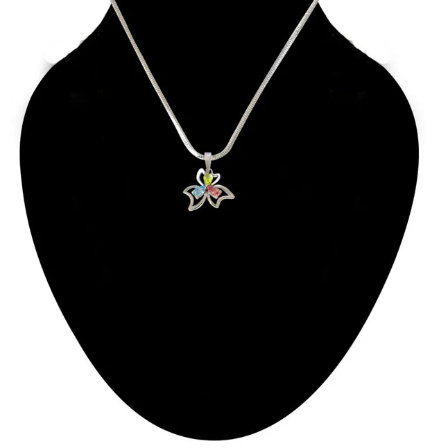 Pear Shaped Blue Topaz, Green Peridot & Pink Tourmaline in 925 Sterling Silver Flower Pendant with 18 IN Chain (SDP510)