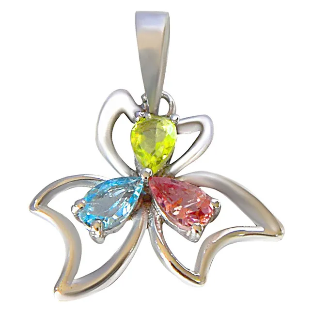 Pear Shaped Blue Topaz, Green Peridot & Pink Tourmaline in 925 Sterling Silver Flower Pendant with 18 IN Chain (SDP510)