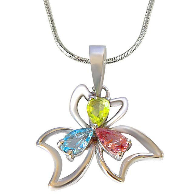 Pear Shaped Blue Topaz, Green Peridot & Pink Tourmaline in 925 Sterling Silver Flower Pendant with 18 IN Chain (SDP510)