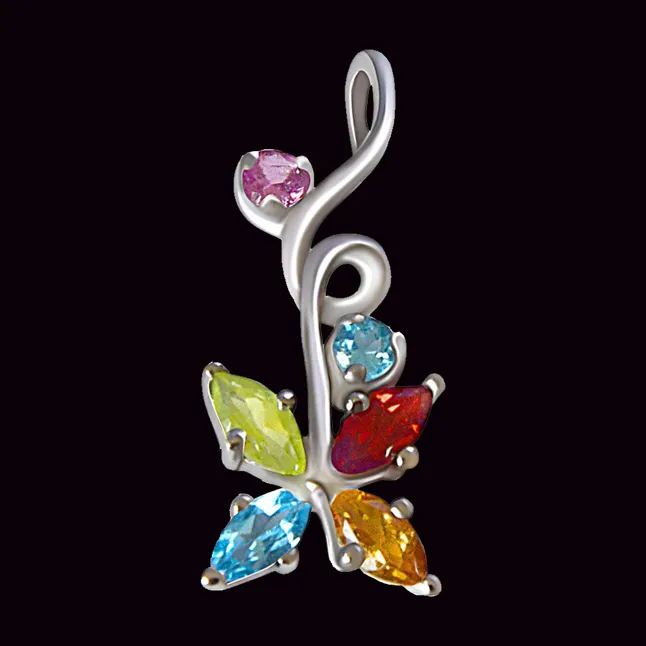 Beautiful Multi Colored Precious Gemstones in 925 Sterling Silver Pendant 18 IN Chain (SDP511)