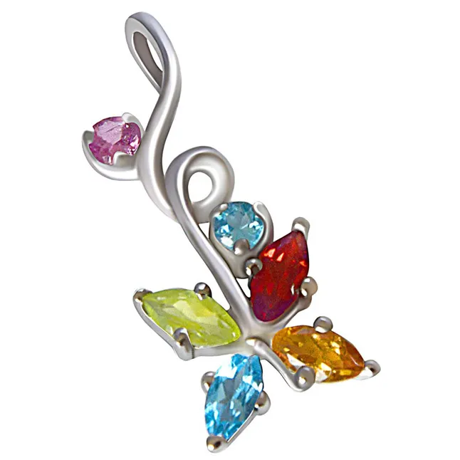 Beautiful Multi Colored Precious Gemstones in 925 Sterling Silver Pendant 18 IN Chain (SDP511)