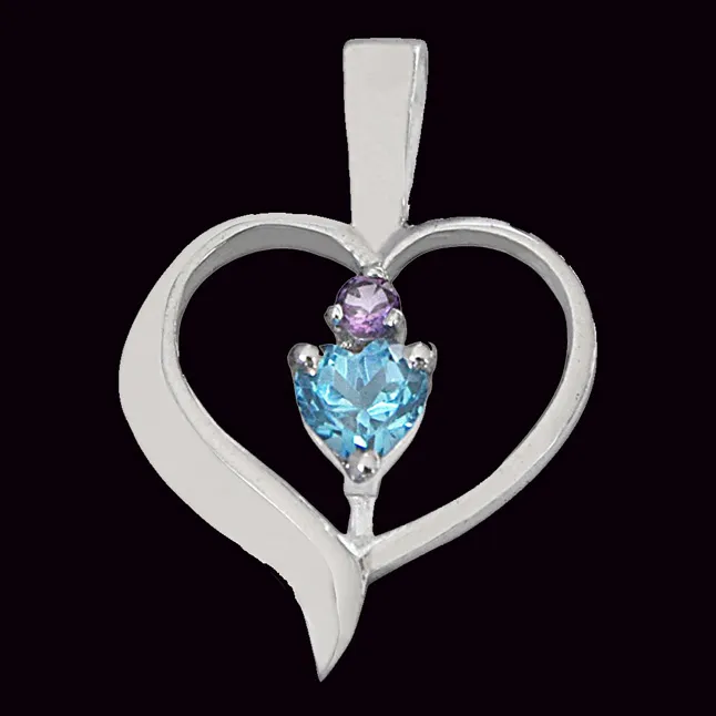 Heart Shaped Blue Topaz & Purple Amethyst in 925 Sterling Silver Pendant with 18 IN Chain (SDP512)