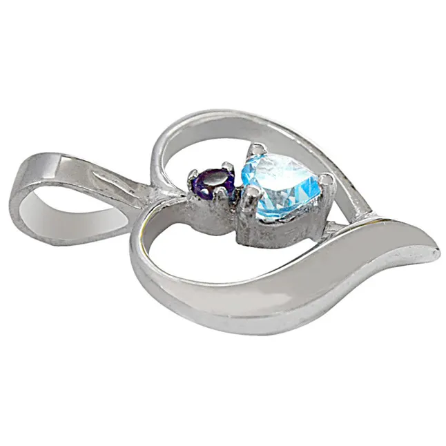 Heart Shaped Blue Topaz & Purple Amethyst in 925 Sterling Silver Pendant with 18 IN Chain (SDP512)