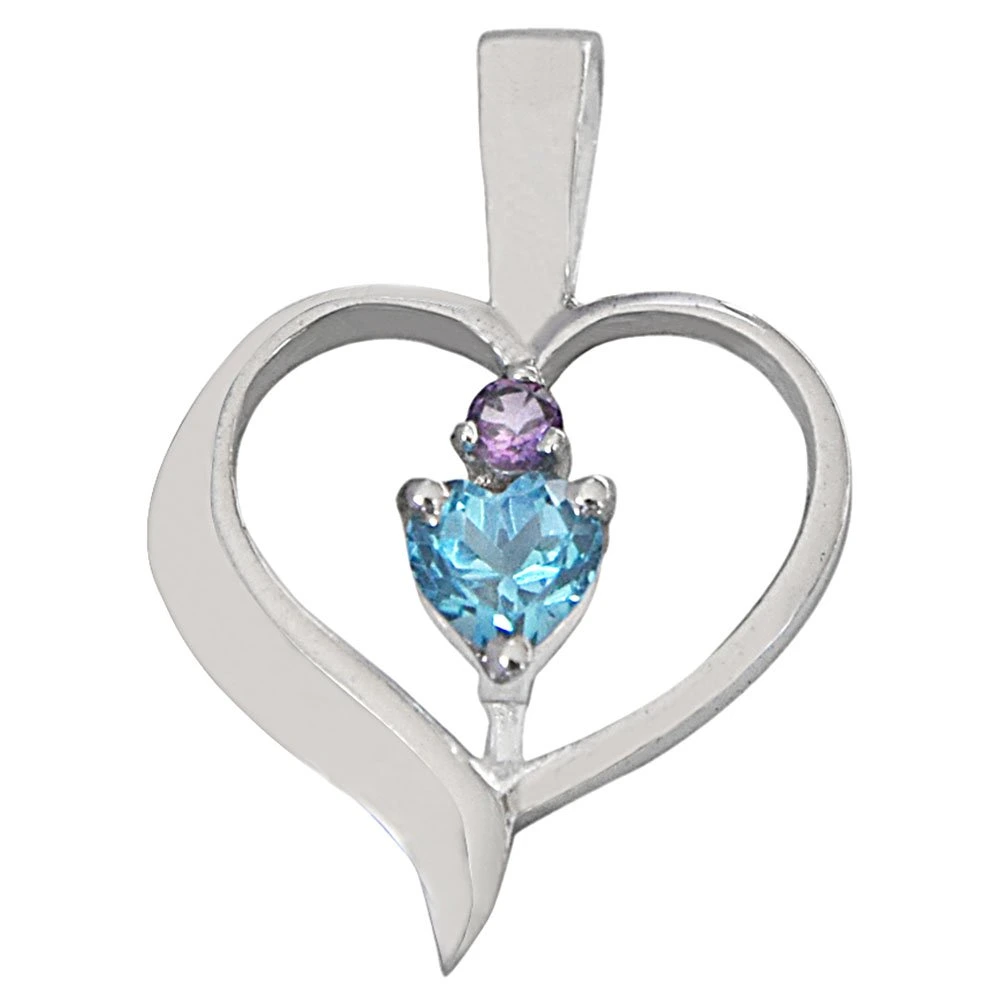 Heart Shaped Blue Topaz & Purple Amethyst in 925 Sterling Silver Pendant with 18 IN Chain (SDP512)
