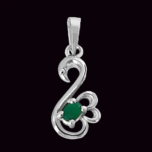 Green Oval Emerald in Peacock Shape 925 Sterling Silver Pendant for girls with 18 IN Chain (SDP513)