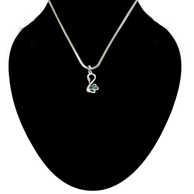 Green Oval Emerald in Peacock Shape 925 Sterling Silver Pendant for girls with 18 IN Chain (SDP513)