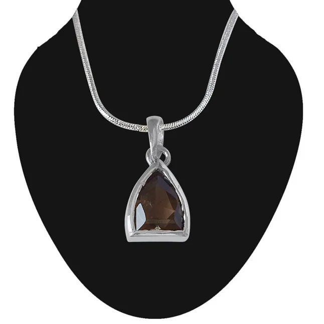 Pointed Dome Shaped Smokey Topaz and 925 Sterling Silver Pendant with 18 IN Chain (SDP524)