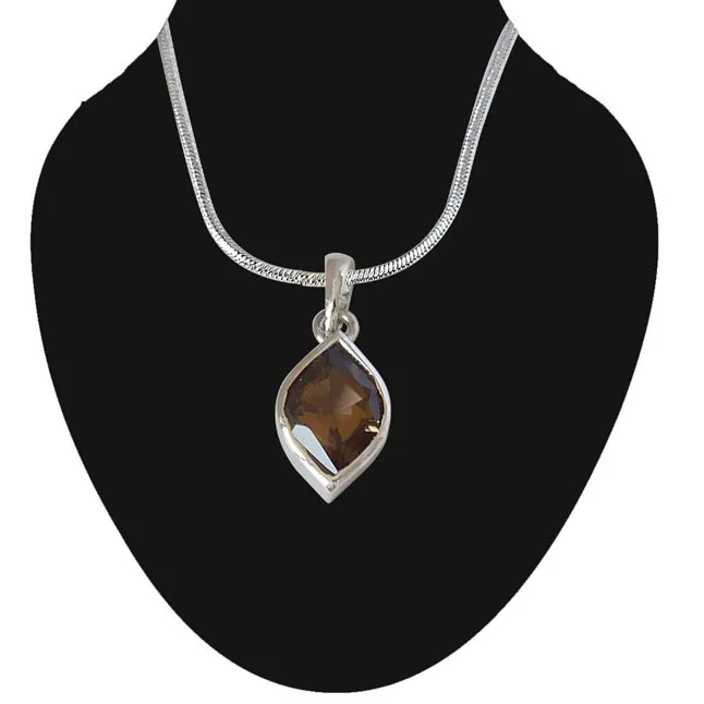 Marquise Shaped Smokey Topaz and 925 Sterling Silver Pendant with 18 IN Chain (SDP526)