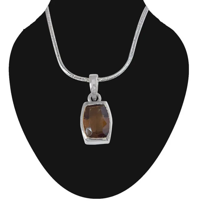 Ovalish Rectangle Shaped Smokey Topaz and 925 Sterling Silver Pendant with 18 IN Chain (SDP527)