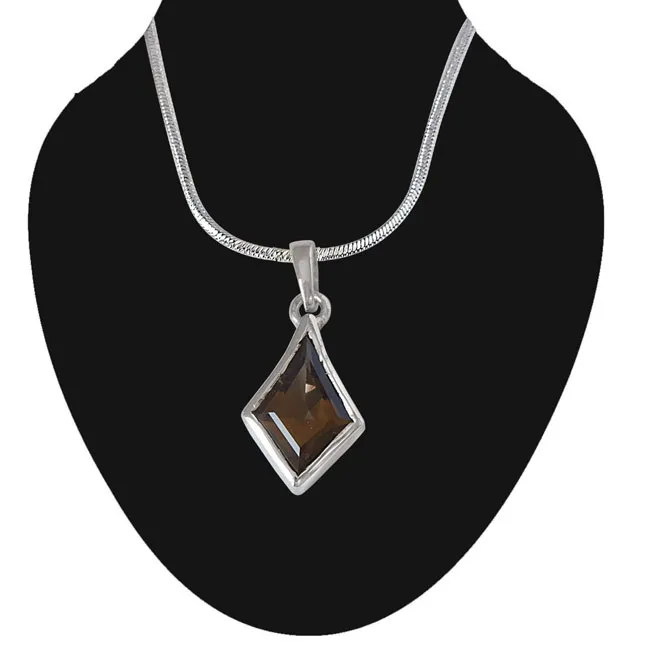 Kite Shaped Brown Smokey Topaz and 925 Sterling Silver Pendant with 18 IN Chain (SDP528)