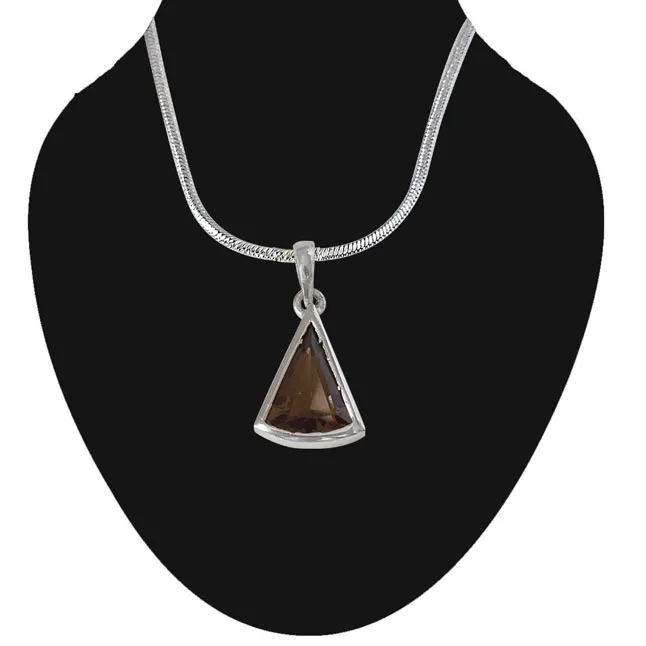 Triangle Shaped Smokey Topaz and 925 Sterling Silver Pendant with 18 IN Chain (SDP531)