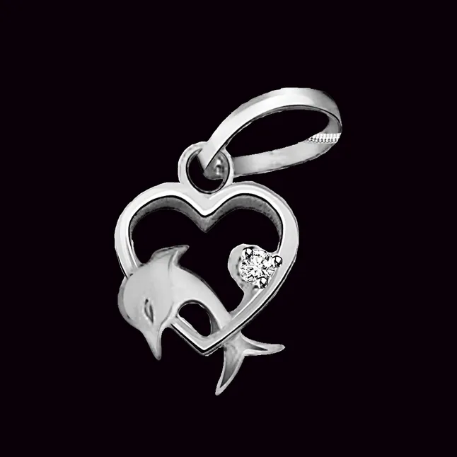 Dolphin Heart - Real Diamond & Sterling Silver Pendant with 18 IN Chain (SDP88)