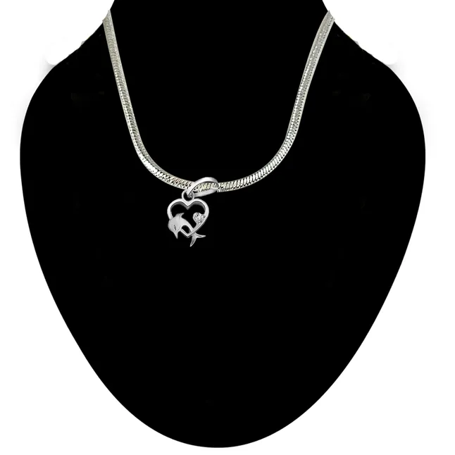 Dolphin Heart - Real Diamond & Sterling Silver Pendant with 18 IN Chain (SDP88)