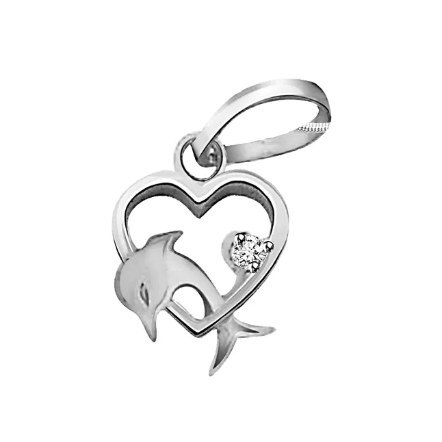 Dolphin Heart - Real Diamond & Sterling Silver Pendant with 18 IN Chain (SDP88)