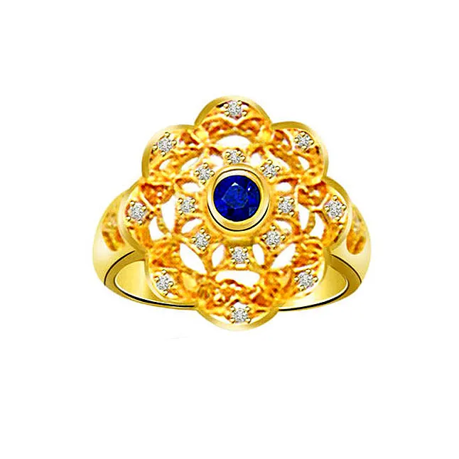 Real Round Sapphire 0.32 cts Flower Shape Diamond Ring (SDR1324)