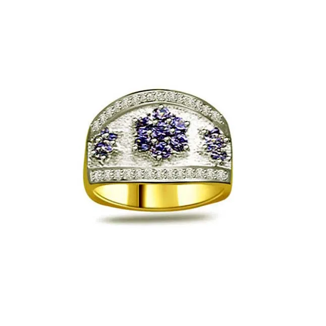 Flower Shape Real Round Sapphire & Diamond Two Tone Ring (SDR1335)