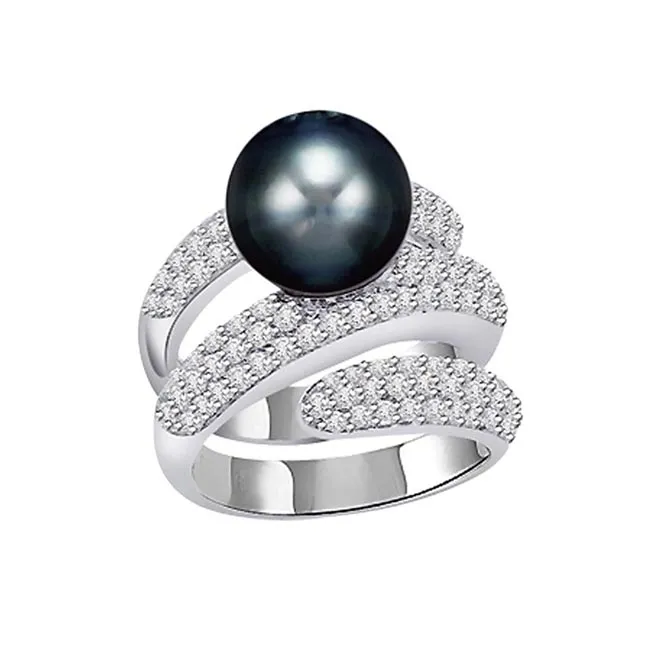1.60cts Real Diamond Set In Black Tahitian Pearl Ring (SDR436)