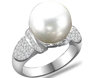 0.40 cts Real Round Pearl & Diamond Ring in 14k White Gold (SDR1252A)