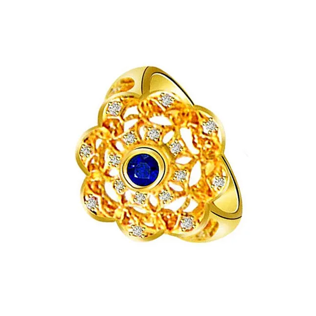 Round Sapphire 0.32 cts Flower Shape Diamond rings