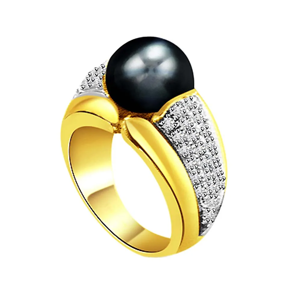 1.00ct Diamond Set In Black Tahitian Pearl rings -White Yellow Gold rings