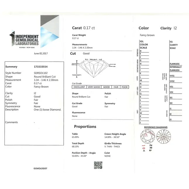 IGL CERT 0.17cts Round Fancy Brown/I2 Solitaire Diamond Engagement Ring in 18kt Yellow Gold (SDRSOL102)