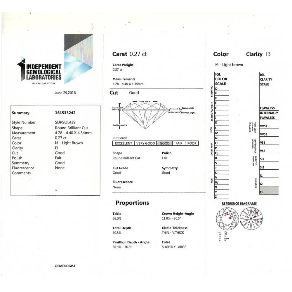 IGL Certified 0.27 cts Round M-Light Brown/I3 Solitaire Diamond Engagement Ring in 18kt Yellow Gold (SDRSOL439)