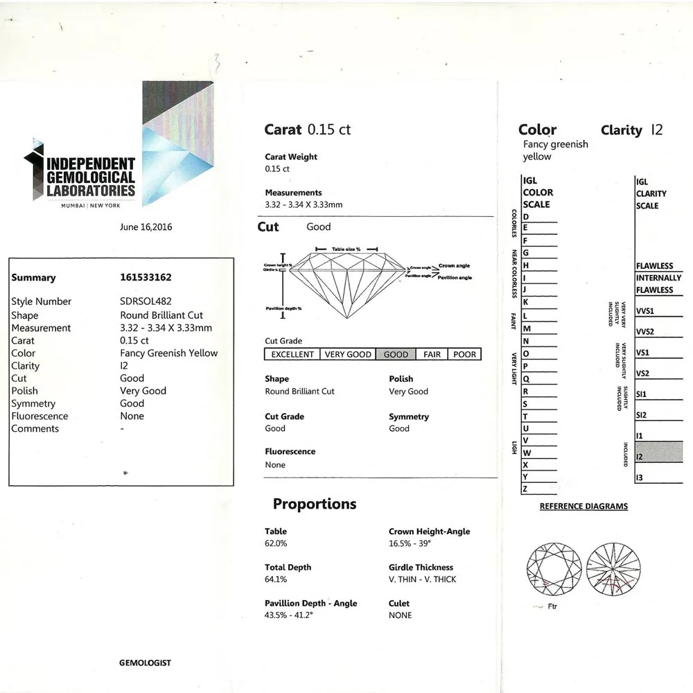 IGL Certified 0.15 cts Round Fancy Greenish Yellow/I2 Solitaire Diamond Engagement Ring in 18kt Yellow Gold (SDRSOL482)