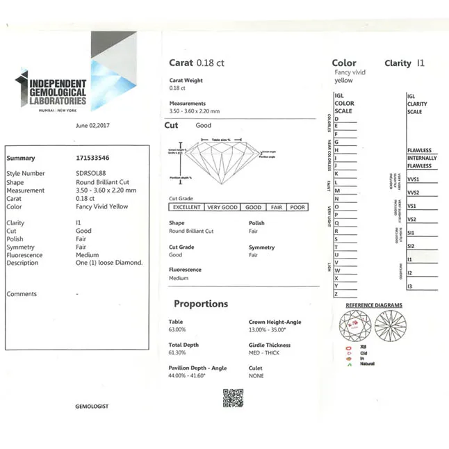 IGL CERT 0.18 ct Round Fancy Vivid Yellow/I1 Solitaire Diamond Engagement Ring in 18kt Yellow Gold (SDRSOL88)