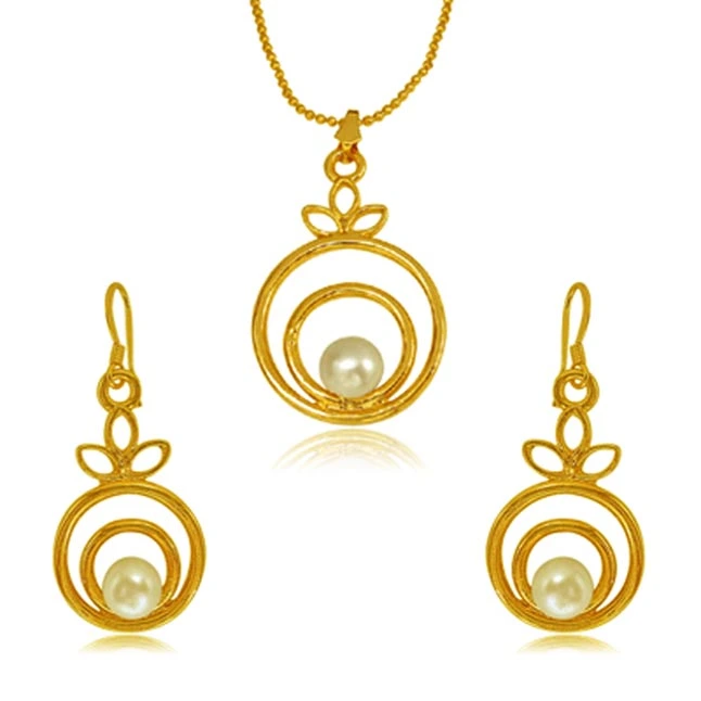 Fancy Round Shape Button Pearl & Gold Plated Pendant with chain & Earring Set for Women (SDS145)