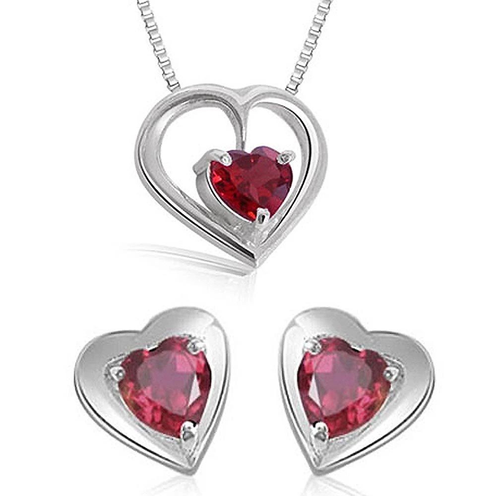 Heart Shape Red Garnet Pendant & Earring Set with Silver finished Chain for Girls (SDS115)
