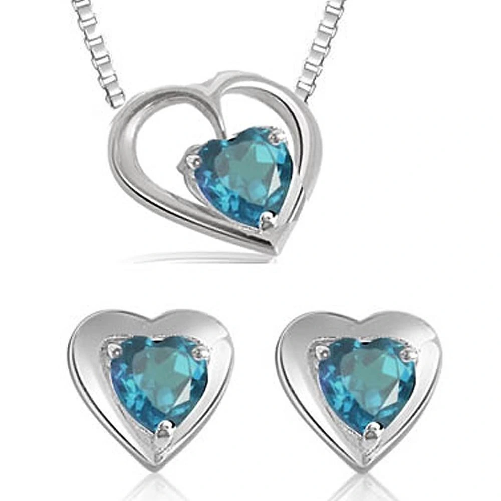 Heart Shape Blue Topaz Pendant & Earring Set with Silver finished Chain for Girls (SDS116)