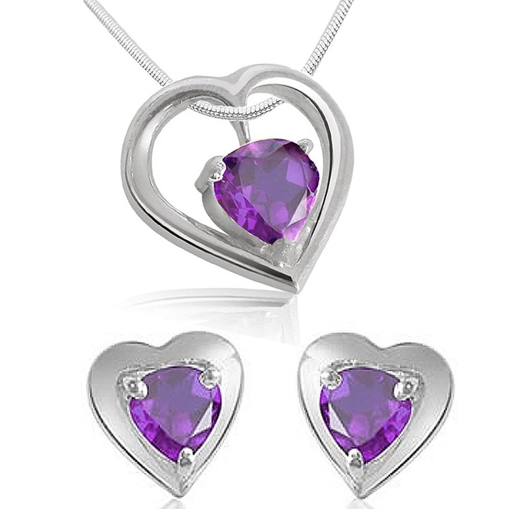 Heart Shape Purple Amethyst Pendant & Earring Set with Silver finished Chain for Women (SDS117)