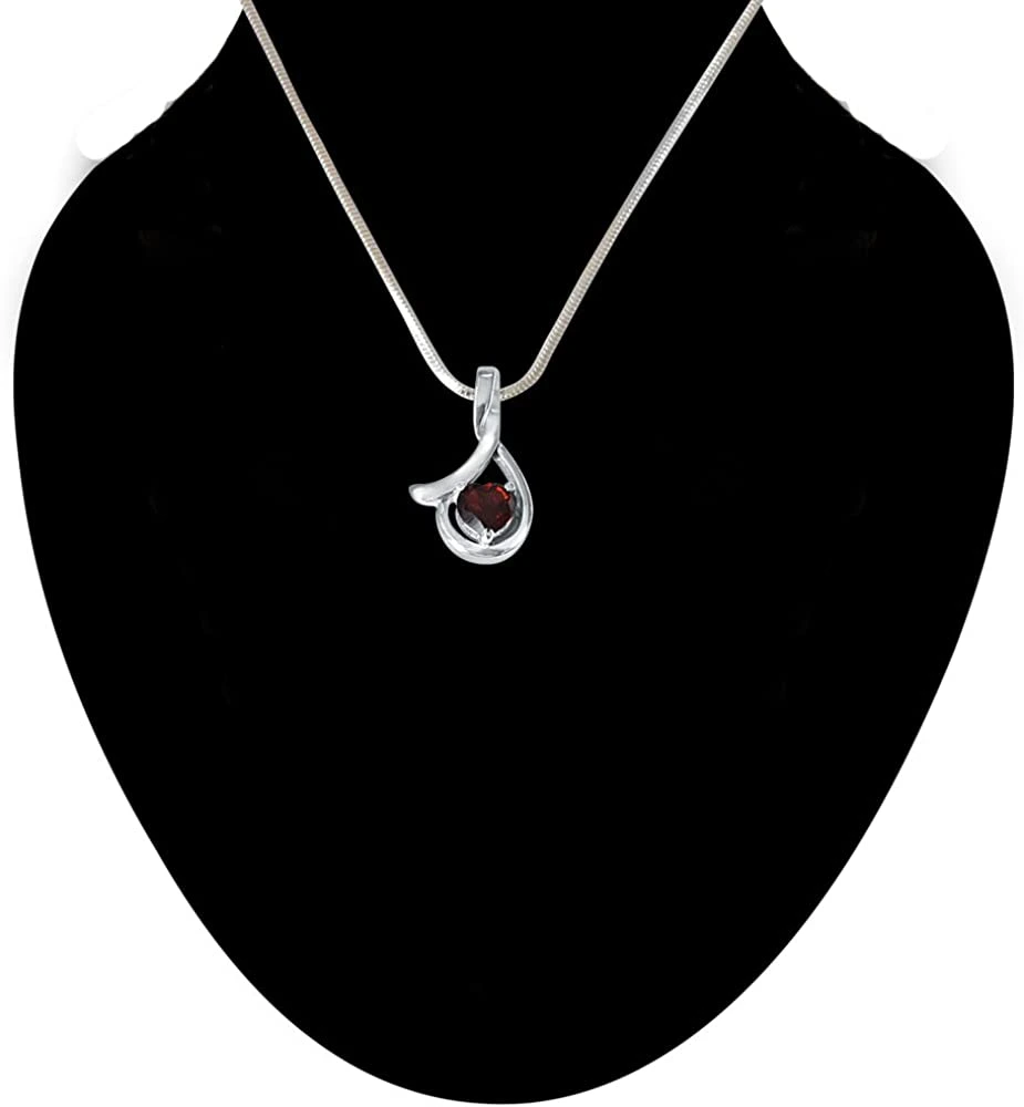 Heart Shaped Red Garnet & Sterling Silver Pendant with Silver Finished Chain for Girls (SDS131)