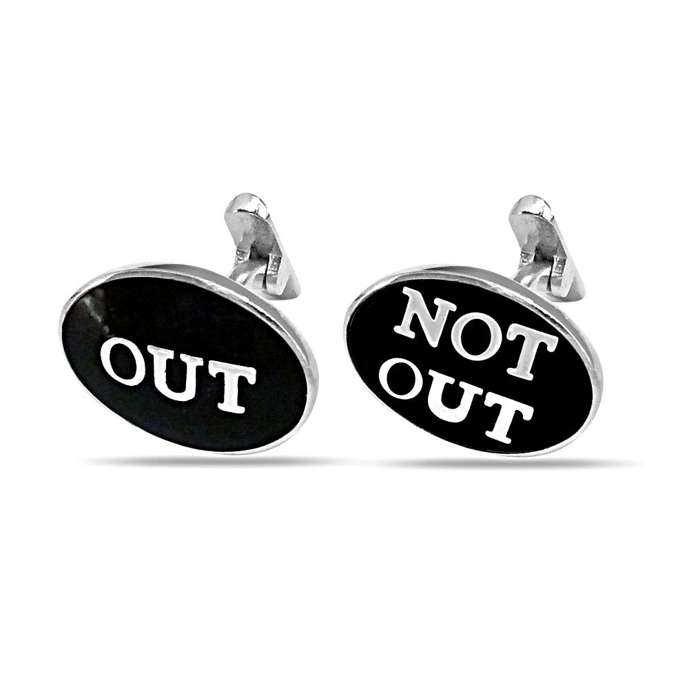 Out : Not Out Black Enamelled Cricket Cufflinks in Sterling Silver for Men (SDS143)